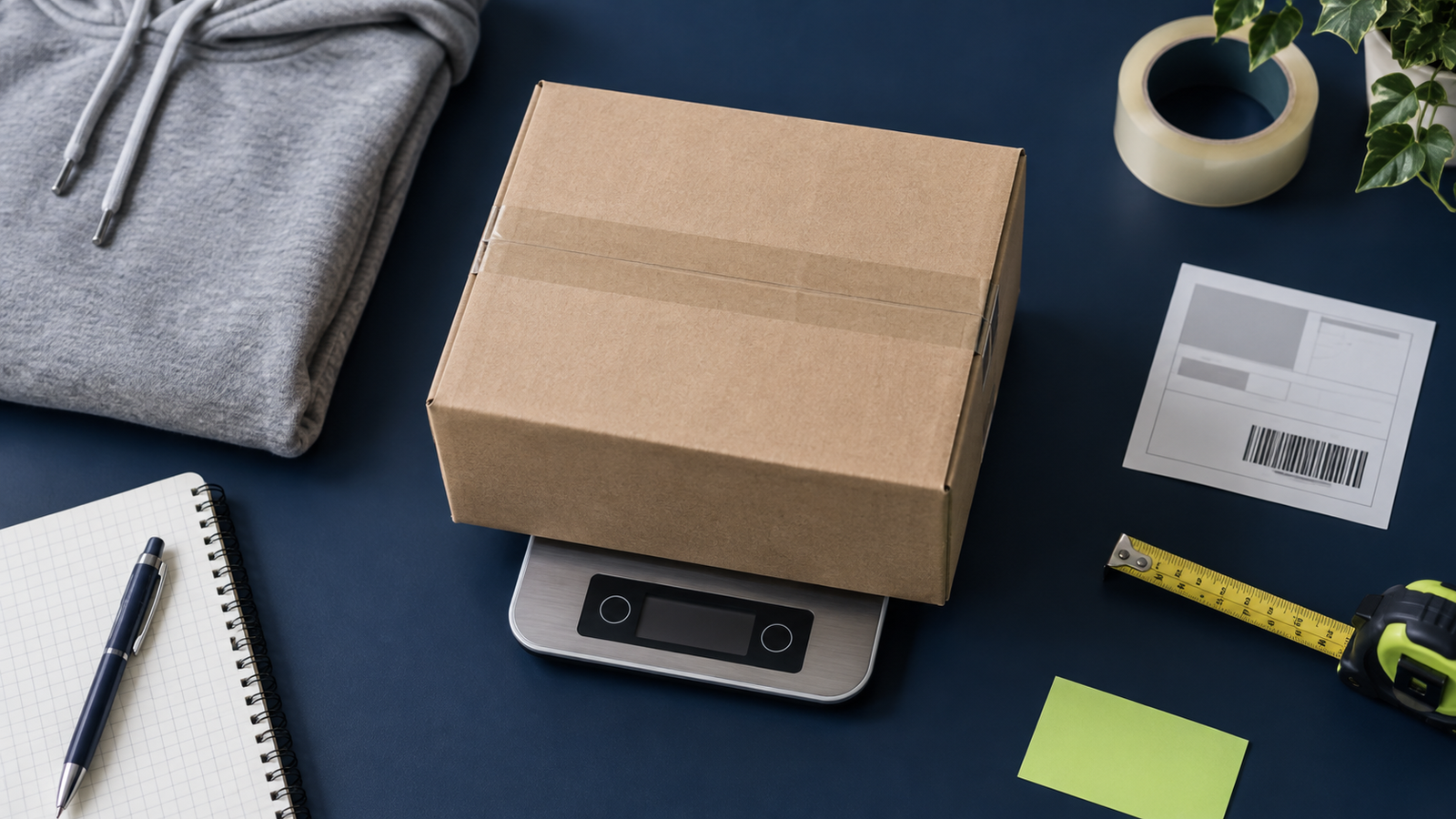 A parcel box on a scale with packing materials