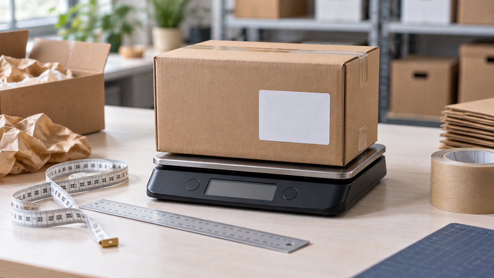 A parcel on a digital scale with a measuring tape and ruler
