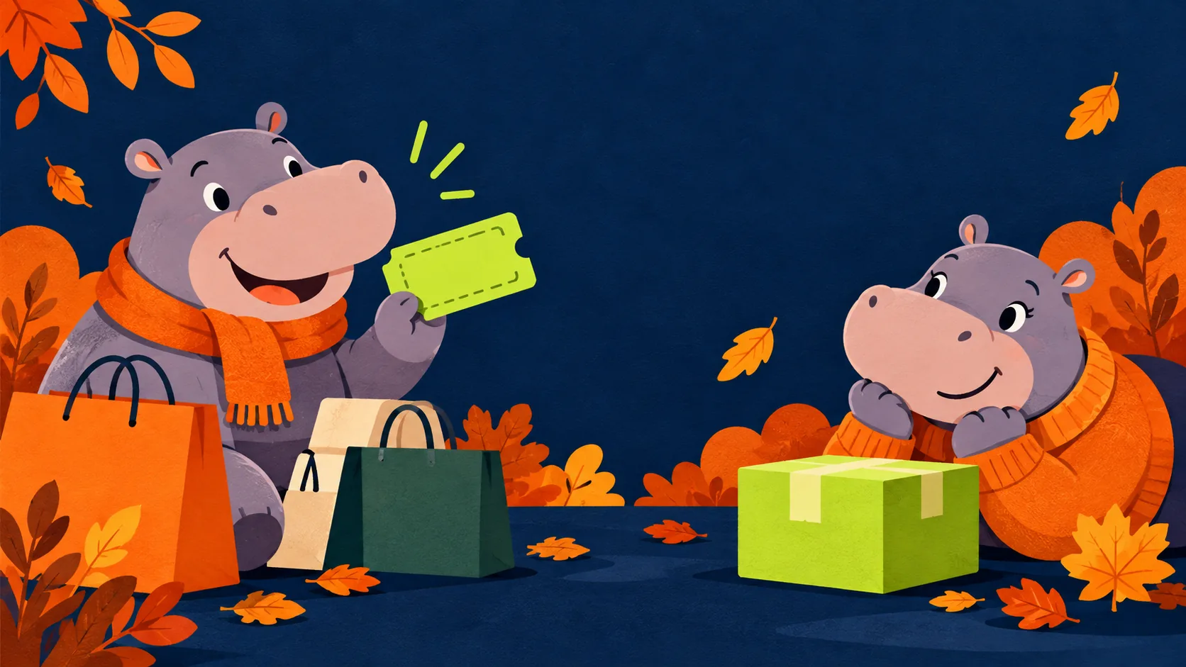 Illustration of two hippos with a coupon, shopping bags and a parcel in an autumn scene