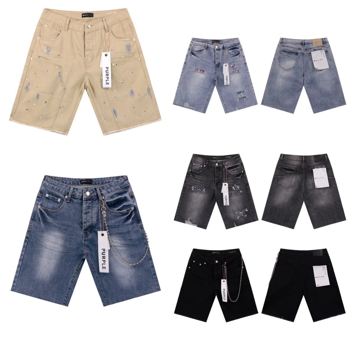 Purple Brand Paint-Splatter Chain Denim Shorts